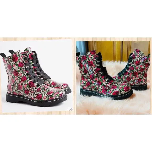 Torrid 11.5WW‎ Wide Betsey Johnson Leopard Rose Faux Leather Combat Punk Boots - Picture 2 of 2